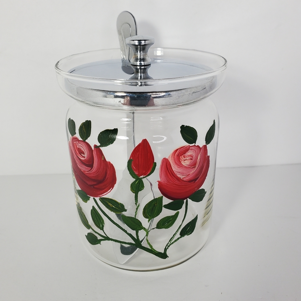 Vintage Jam Jelly Jar with Spoon Handpainted MCM Retro